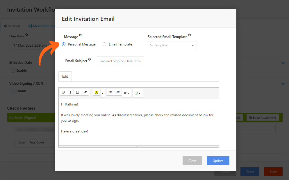 Personalised Email Message - Invitation Workflow