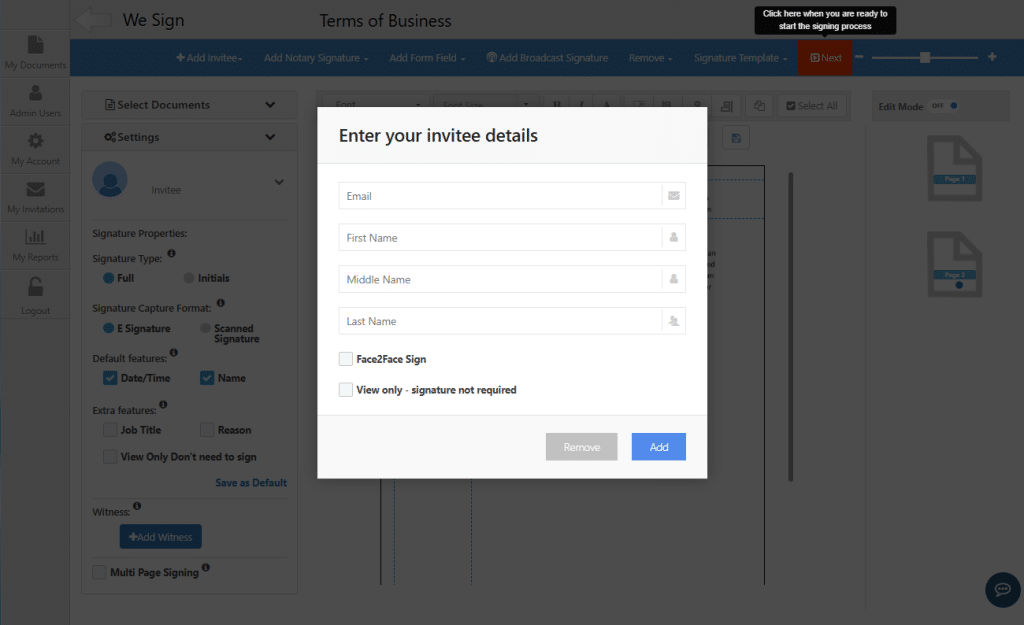 WeSign - Enter Invitee Details