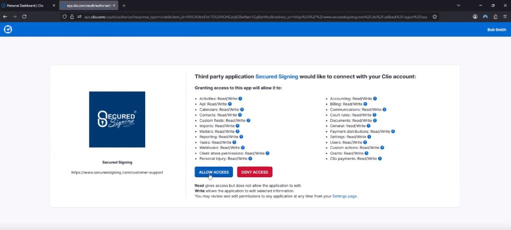 Allow Access to proceed to the Secured Signing login page.