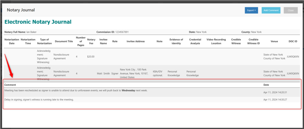 adding Comments to Notary Journal in Remote Online Notarization