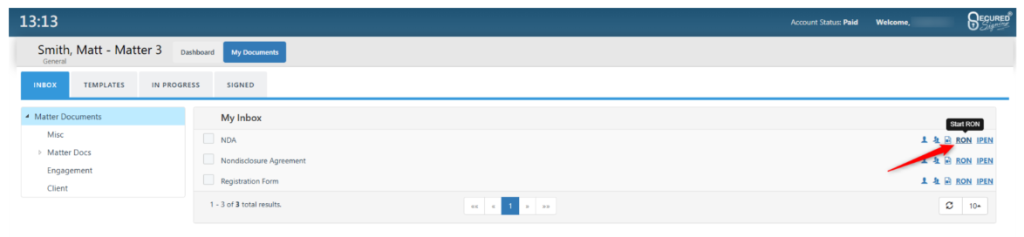 Choose your document to notarize in Actionstep