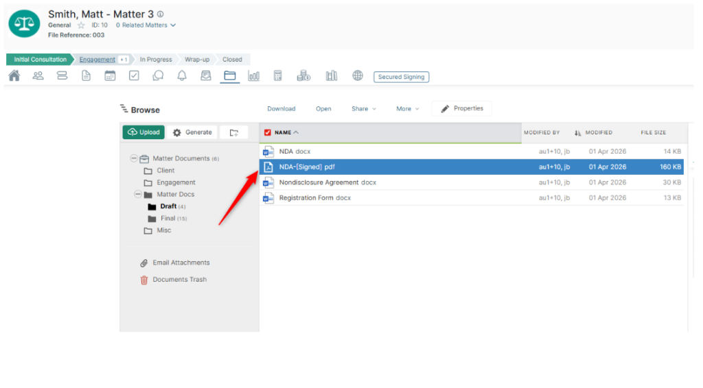 Step 6: Signed document is saved back to the matter in Actionstep