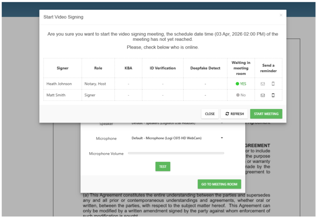 Start and join the video signing meeting Actionstep