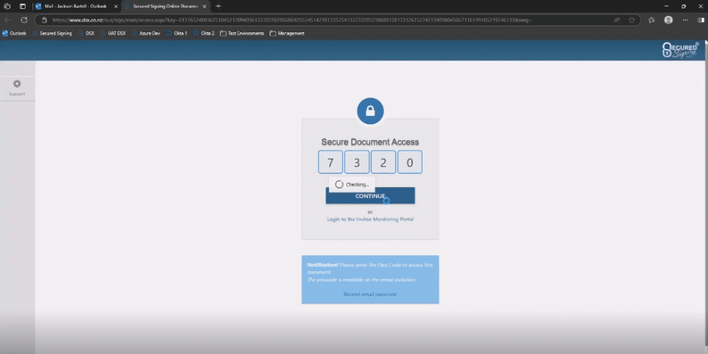 link to sign and enters their passcode,