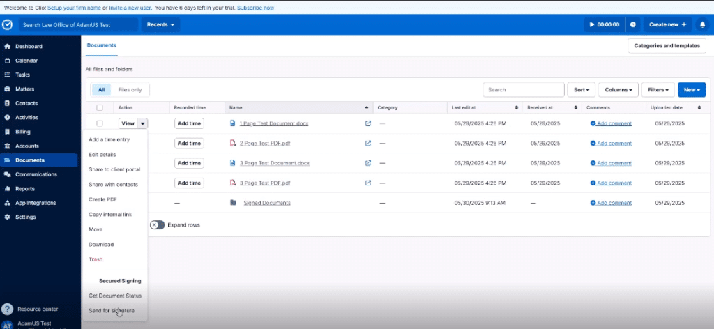 send for signature in Clio