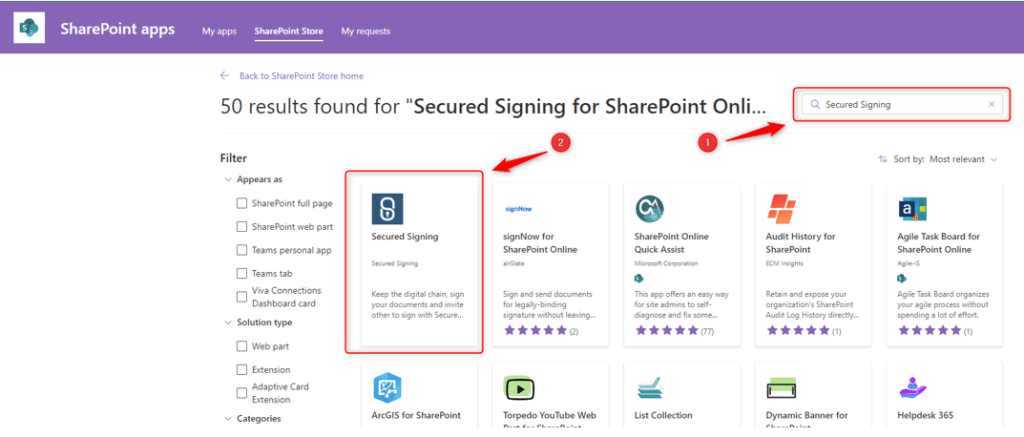 sharepoint online with secured signing step 02 - search secured signing