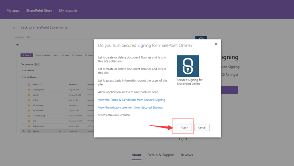 sharepoint online with secured signing - trust the app